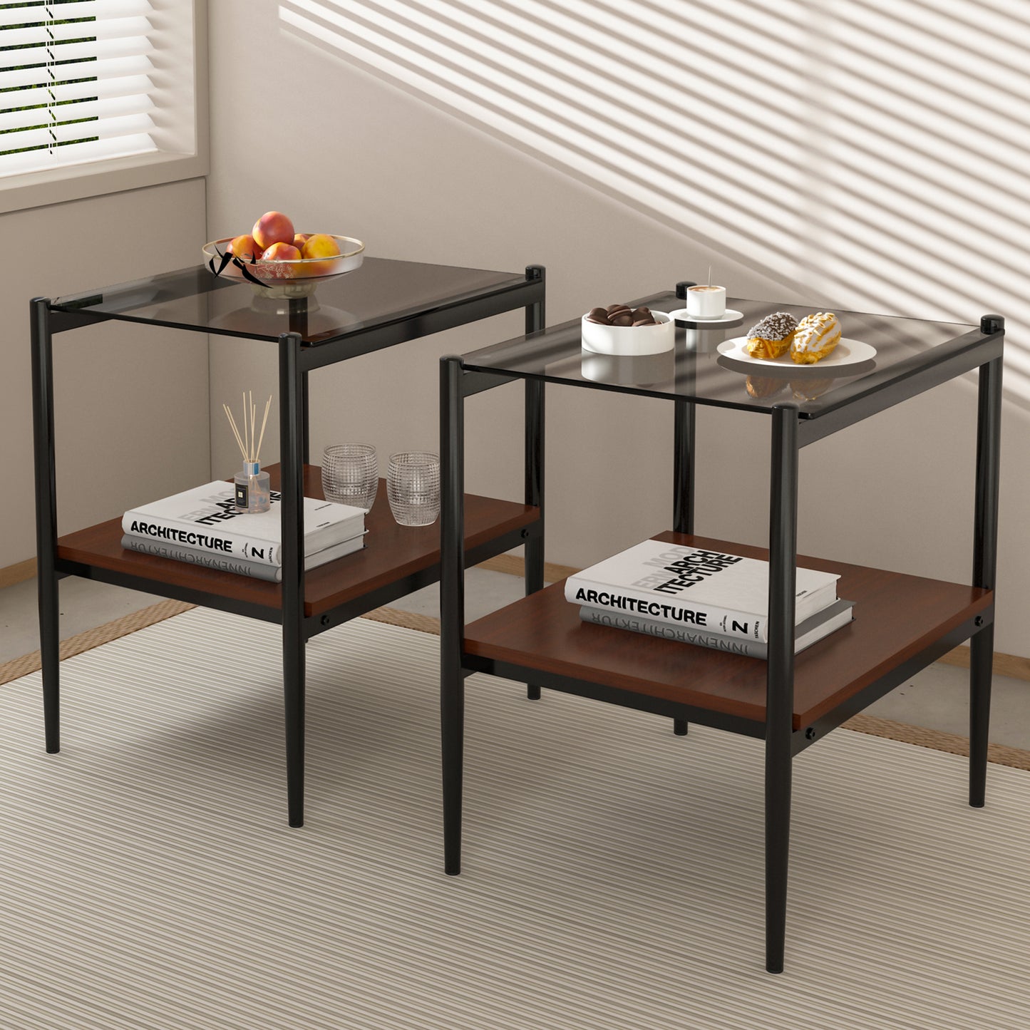 Set of 2 Rectangle End Table, Tempered Glass Tabletop with MDF layer, Modern Table for Living Room, Gray Glass image 1