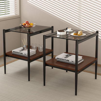 Set of 2 Rectangle End Table, Tempered Glass Tabletop with MDF layer, Modern Table for Living Room, Gray Glass image 1