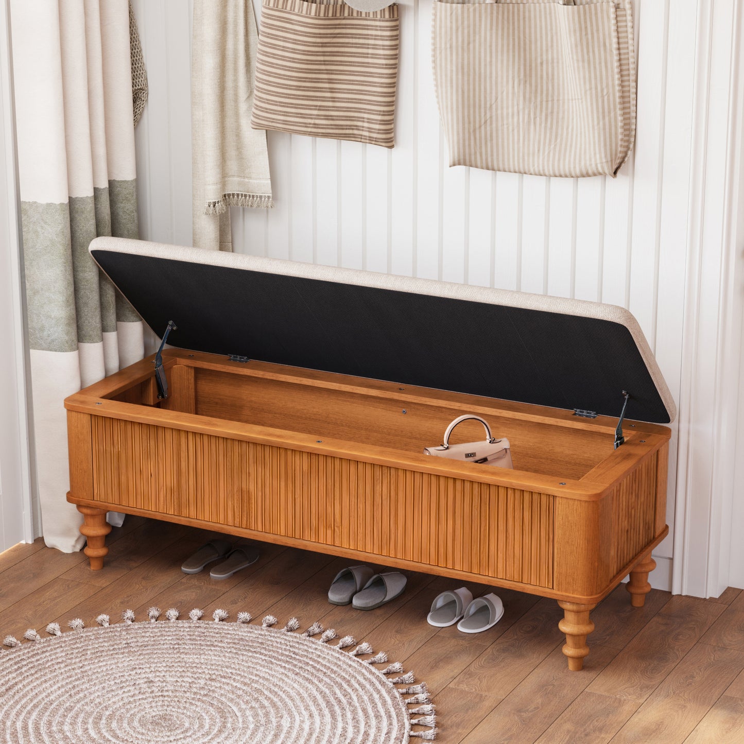 50.8-inch Multi-Functional Storage Ottoman Bench-Solid Rubberwood Bed End Bench with Linen Seat, Storage Bench for Bedroom, Entryway Shoe Organizer for Bedroom, Living Room, Entryway, Closet, Natural image 4