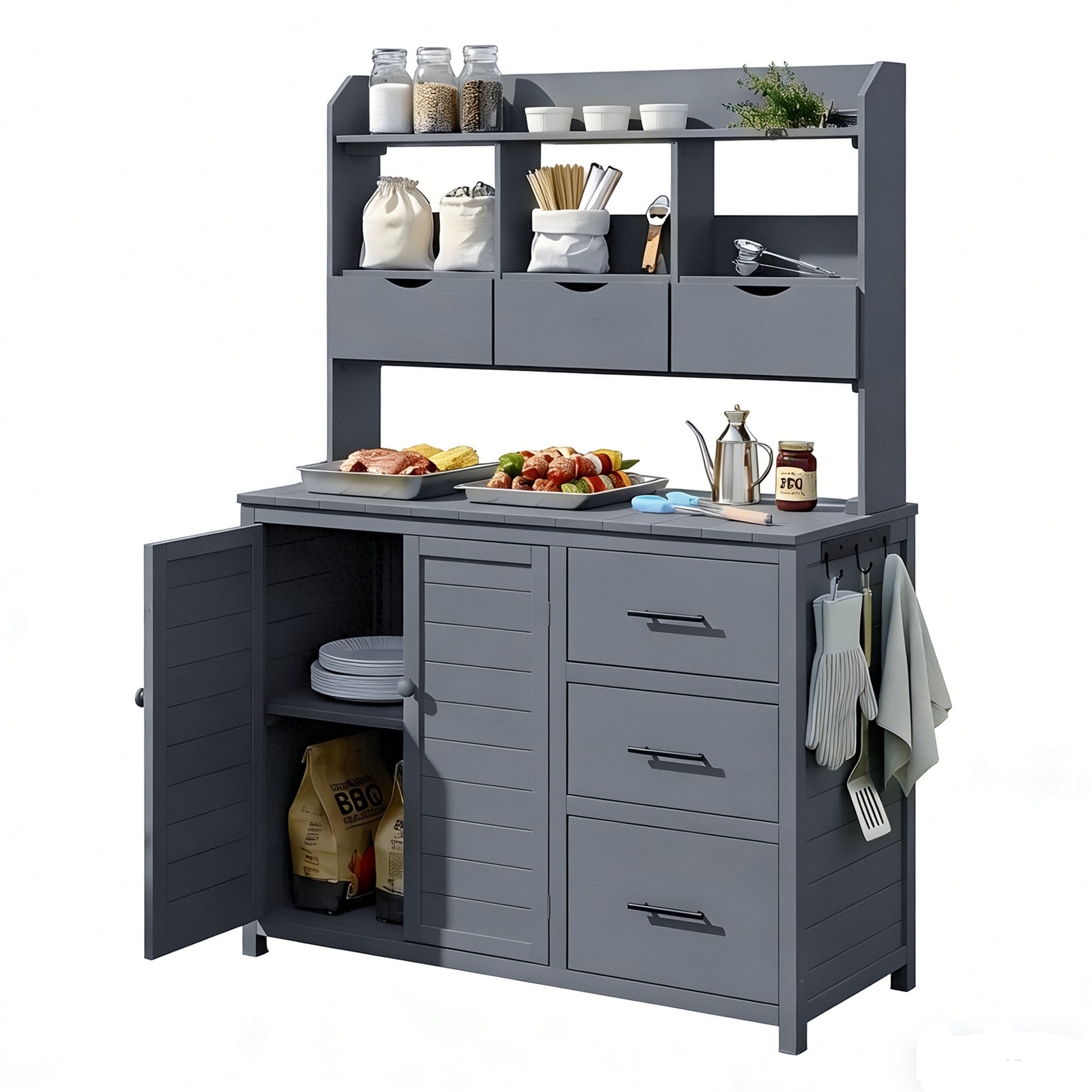 (With Assembly Video) TOPMAX Farmhouse Patio Potting Bench, 44.6''x19.5'' Large Freestanding Garden Workstation with 6 Drawers, Bottom Cabinet and Side Hook, Outdoor Kitchen Island, Gray image 8