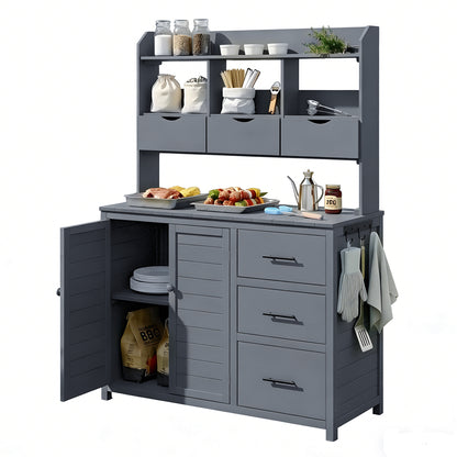 (With Assembly Video) TOPMAX Farmhouse Patio Potting Bench, 44.6''x19.5'' Large Freestanding Garden Workstation with 6 Drawers, Bottom Cabinet and Side Hook, Outdoor Kitchen Island, Gray image 8