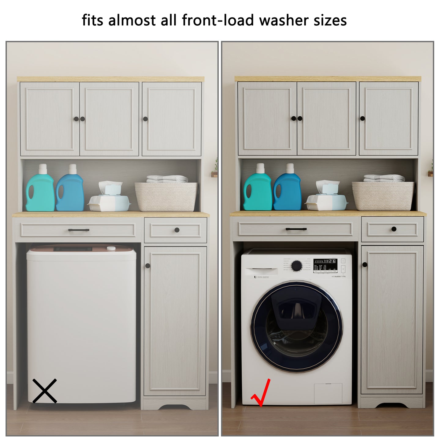 Over the Washer, Dryer and Robot Vacuum Storage Cabinet suitable for Compact Washing Machines, Laundry Room Storage Organizer with 1 Laundry Basket, 1 Drawer and 2 Adjustable Shelves-Antique White image 10