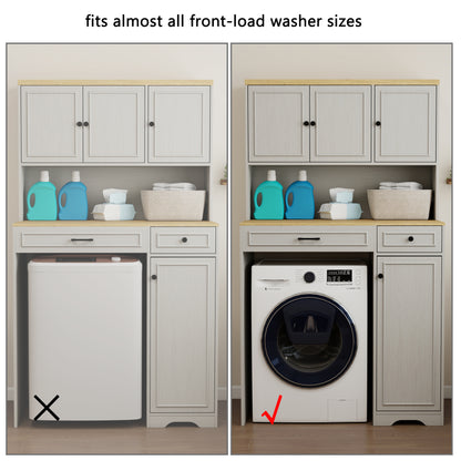 Over the Washer, Dryer and Robot Vacuum Storage Cabinet suitable for Compact Washing Machines, Laundry Room Storage Organizer with 1 Laundry Basket, 1 Drawer and 2 Adjustable Shelves-Antique White image 10