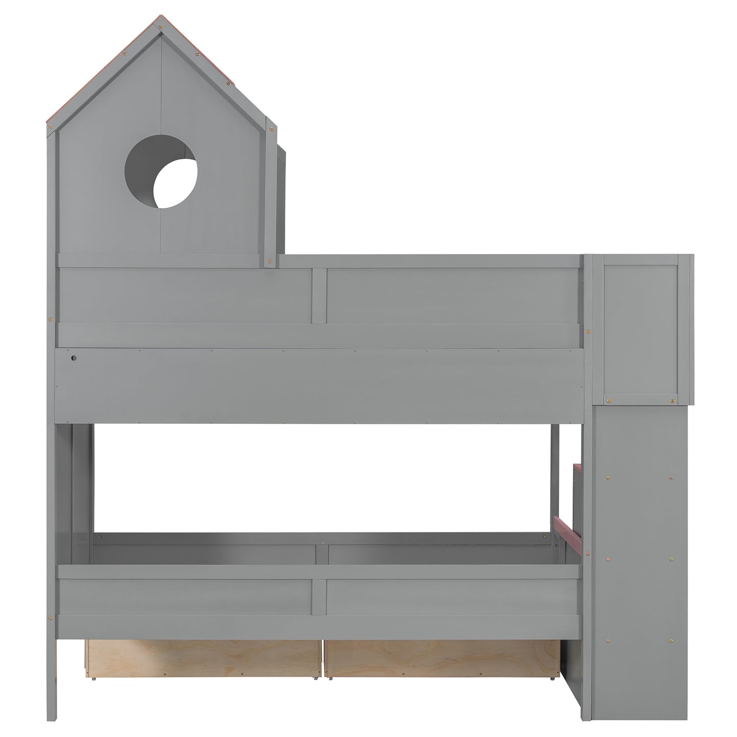 Twin Over Twin Bunk Bed with House-Shaped Roof and Storage Stairs, Wooden House Bed Frame with 2 Under-bed Drawers,Shelves,LED,Gray image 9