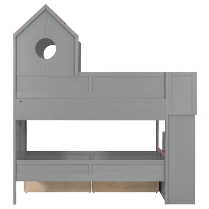 Twin Over Twin Bunk Bed with House-Shaped Roof and Storage Stairs, Wooden House Bed Frame with 2 Under-bed Drawers,Shelves,LED,Gray image 9