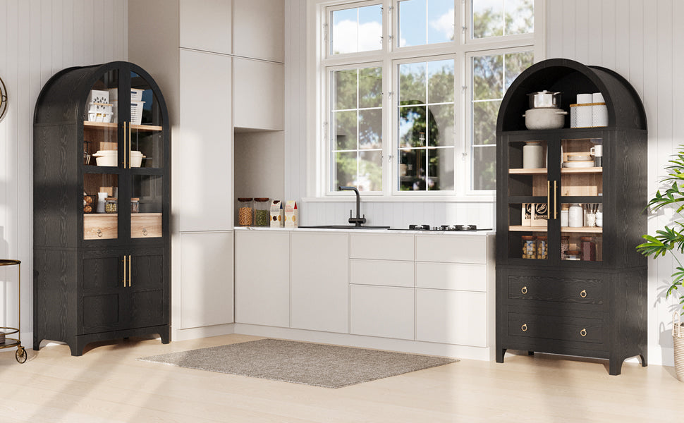 K&K 71" Tall Arched Kitchen Pantry Cabinet with Door Shelves, Farmhouse Kitchen Storage Cabinet with Open & Adjustable Shelves, Hidden Drawer & Glass Door, Cupboard for Kitchen, Dining Room, Black image 2