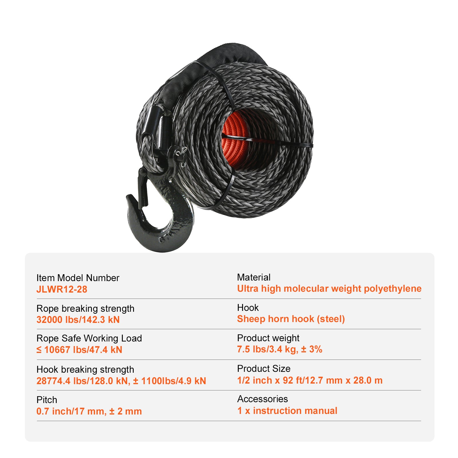 Synthetic Winch Rope, 1/2 Inch x 92 Feet 32,000 lbs Synthetic Winch Line Cable Rope with Protective Sleeve + Forged Winch Hook + Pull Strap, Universal Fit for SUV, Large Off-Road Vehicle, Truck image 10