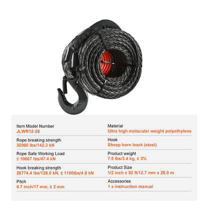 Synthetic Winch Rope, 1/2 Inch x 92 Feet 32,000 lbs Synthetic Winch Line Cable Rope with Protective Sleeve + Forged Winch Hook + Pull Strap, Universal Fit for SUV, Large Off-Road Vehicle, Truck image 10