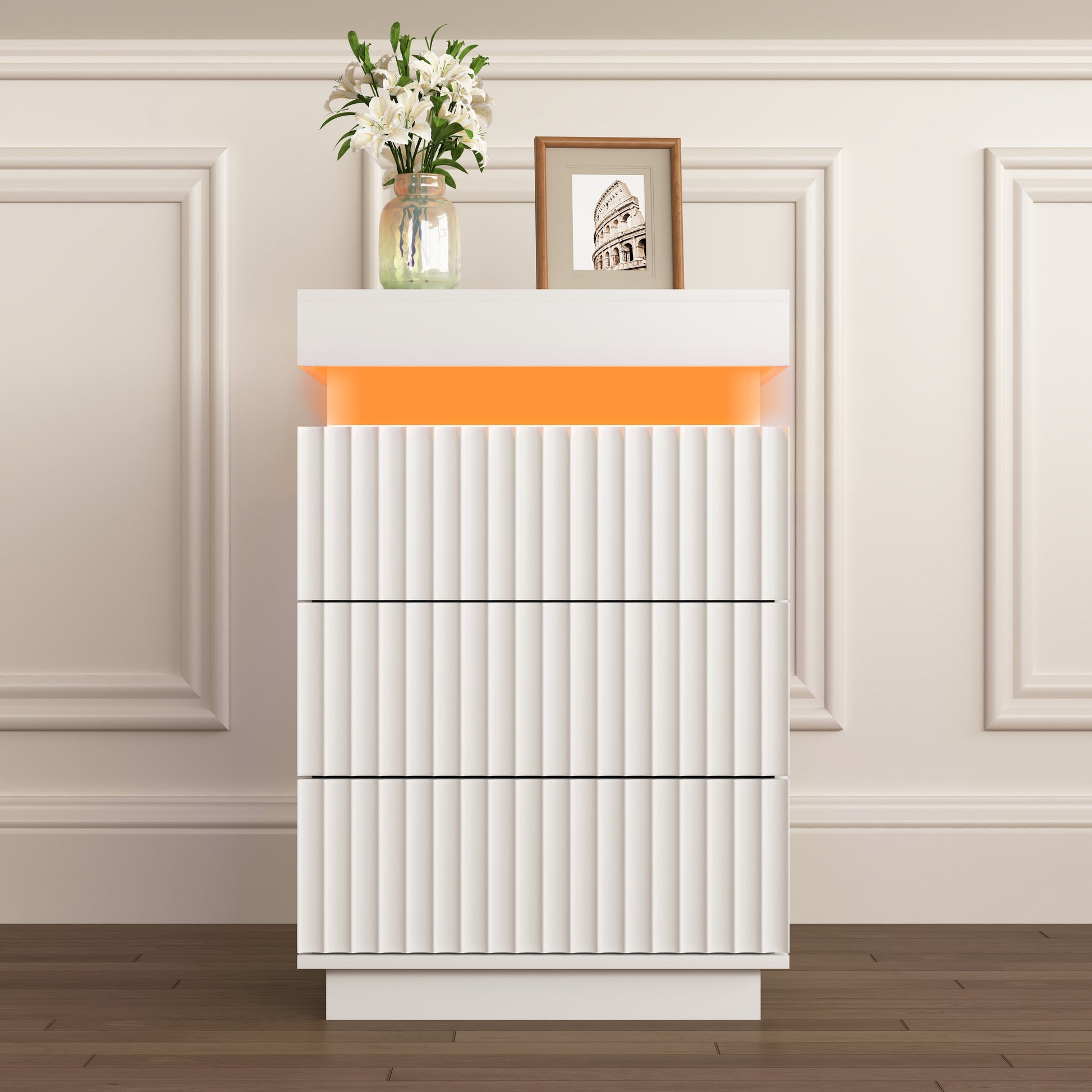 (Set of 2) White Nightstand Set of 2 with Charging Station & LED Lights, Fluted Wave Panel Bedside Table with Sliding Top Hidden Storage, Night Stand for Bedroom Living Room image 12