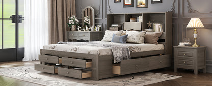 King Size Platform Bed with Storage Headboard and 8 Drawers, Gray image 8