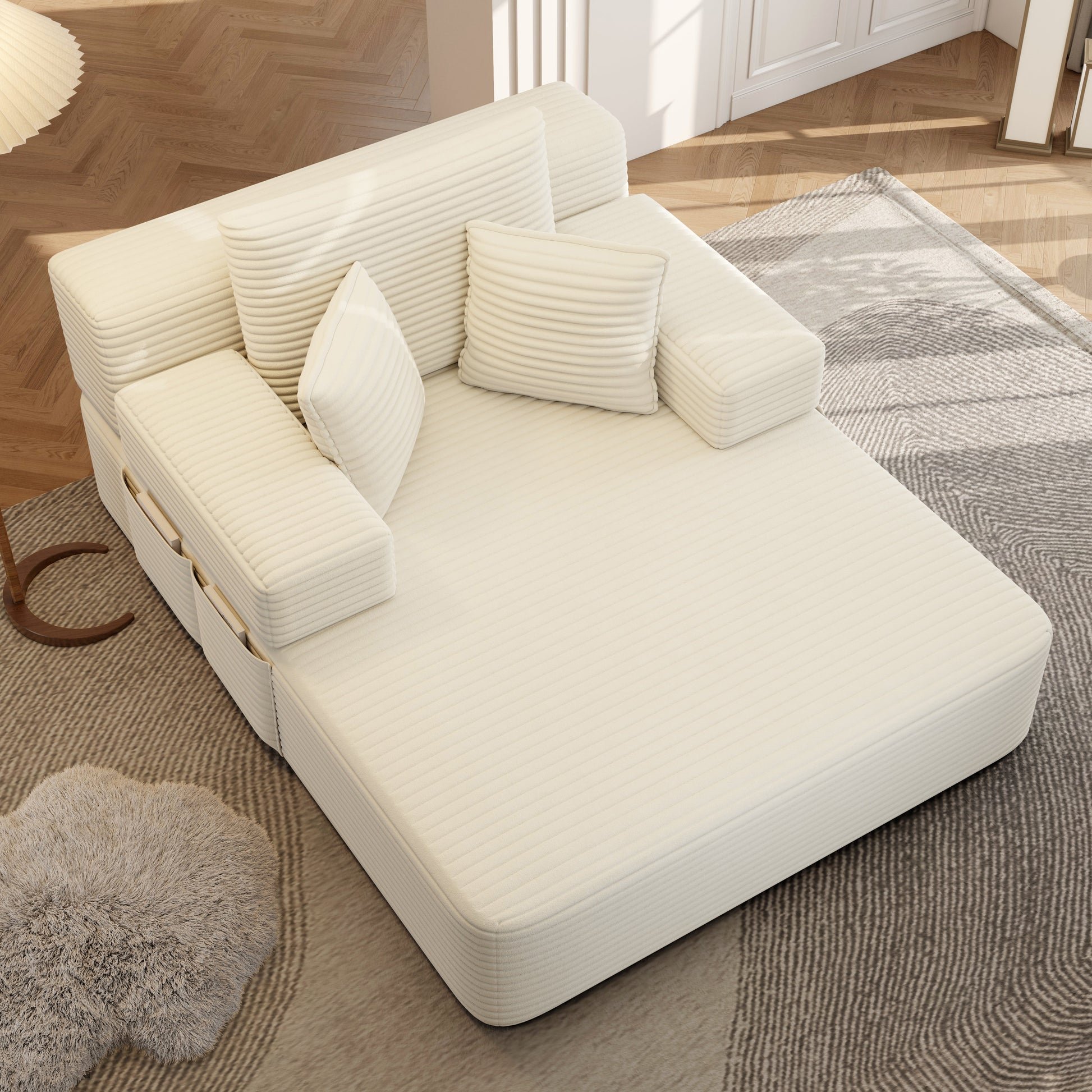 Luxurious Plush Corduroy Chaise Lounge with 3 Pillows, Convertible Sofa Bed with Storage Pocket, Frameless Design & Compression Foam for Small Spaces, Living Room, Apartment,Beige&White image 12