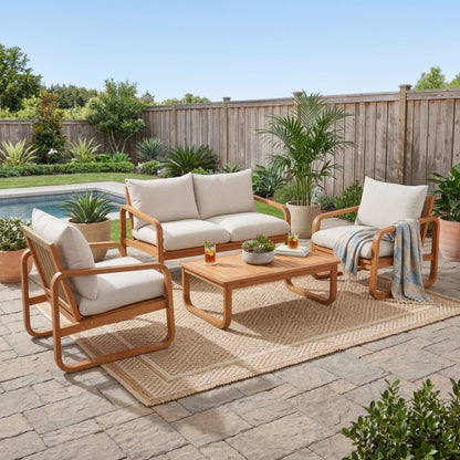 4-Piece Acacia Wood Outdoor Patio Furniture Set with Thick Cushions, Modern Outdoor Seating Set with Loveseat, 2 Single Chairs and Coffee Table, Weather-Resistant Conversation Set for Backyard, Pool image 2