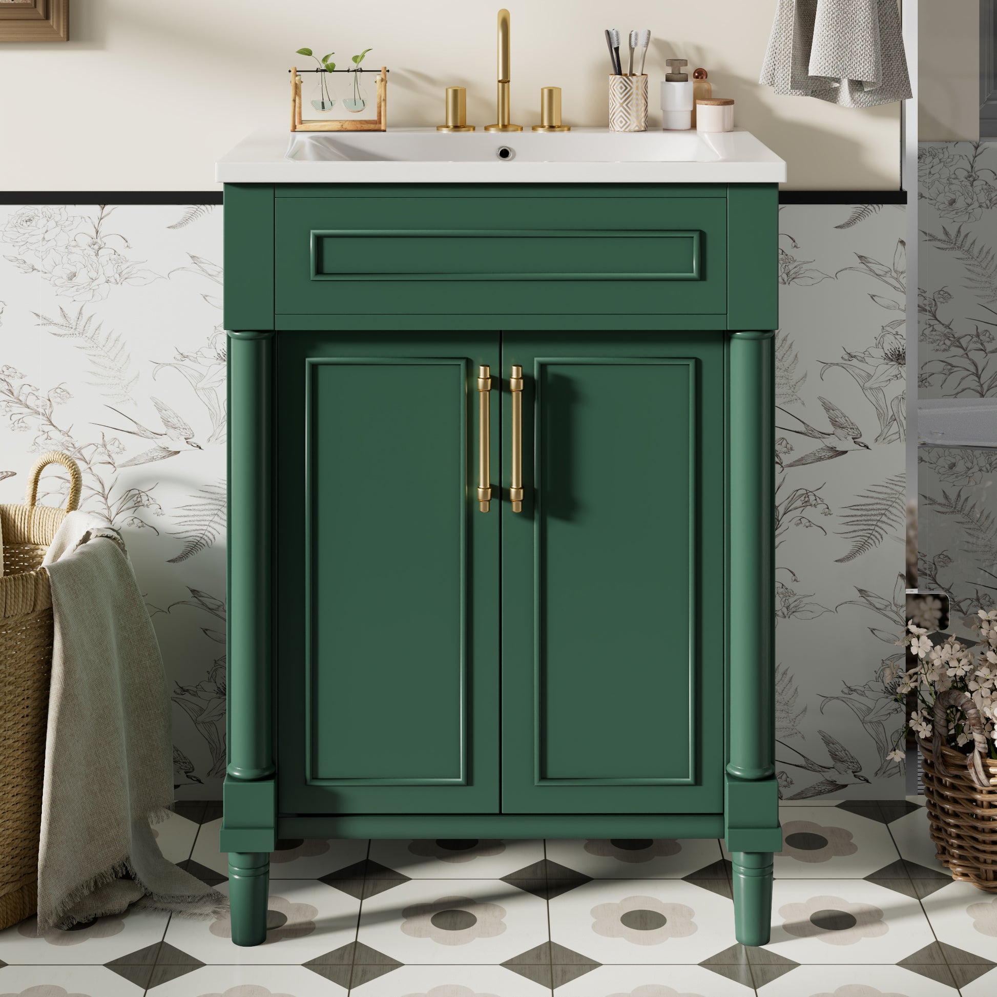 24" Bathroom Vanity with Integrated Ceramic Sink, Bathroom Cabinet with 2 Doors, Single Sink Bathroom Vanity for Small and Medium Restroom image 1