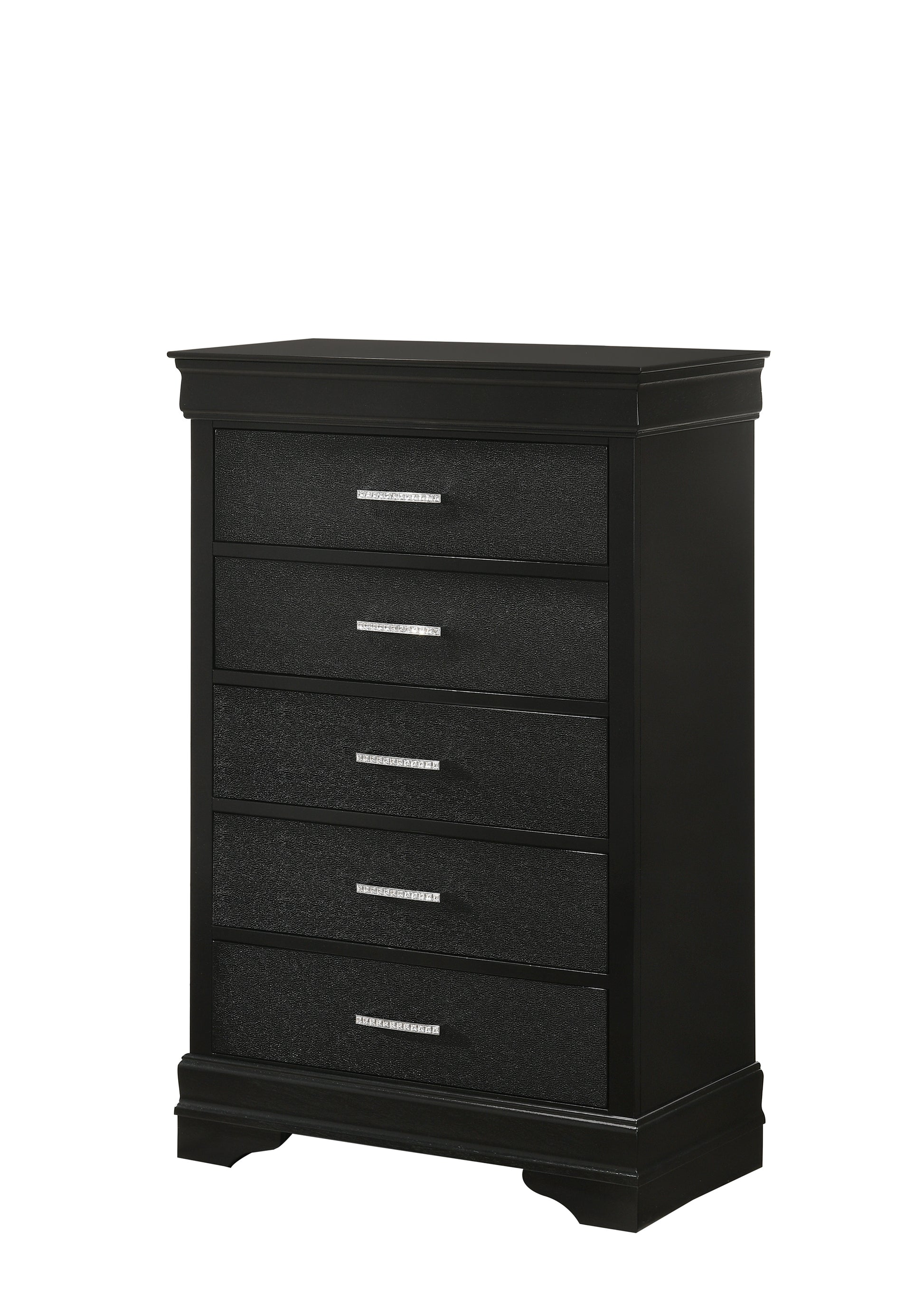 Modern 1pc Black Finish 5-Drawer Tall Chest Wooden Textured Finish Crystal Tufted Handle Furniture image 2