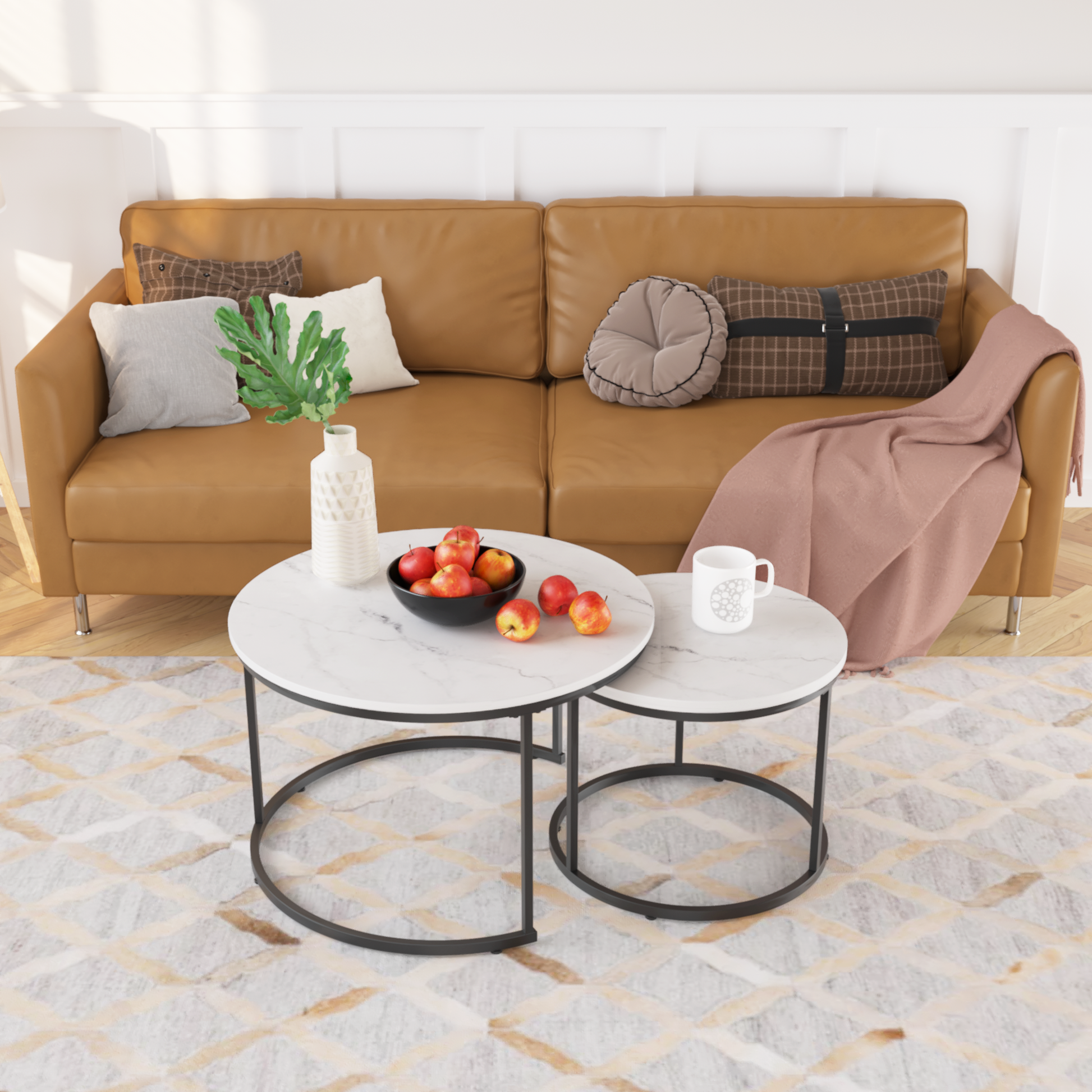 27.6" Nesting Coffee Table Set of 2, Round Coffee Table Wood Marble Pattern Top with Sturdy Metal Frame, End Table Side Tables for Living Room Bedroom Balcony Yard (White) image 11