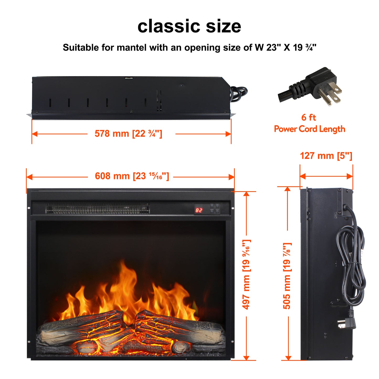 23 inch electric fireplace insert, ultra thin heater with log set & realistic flame, remote control with timer, overheating protection image 10