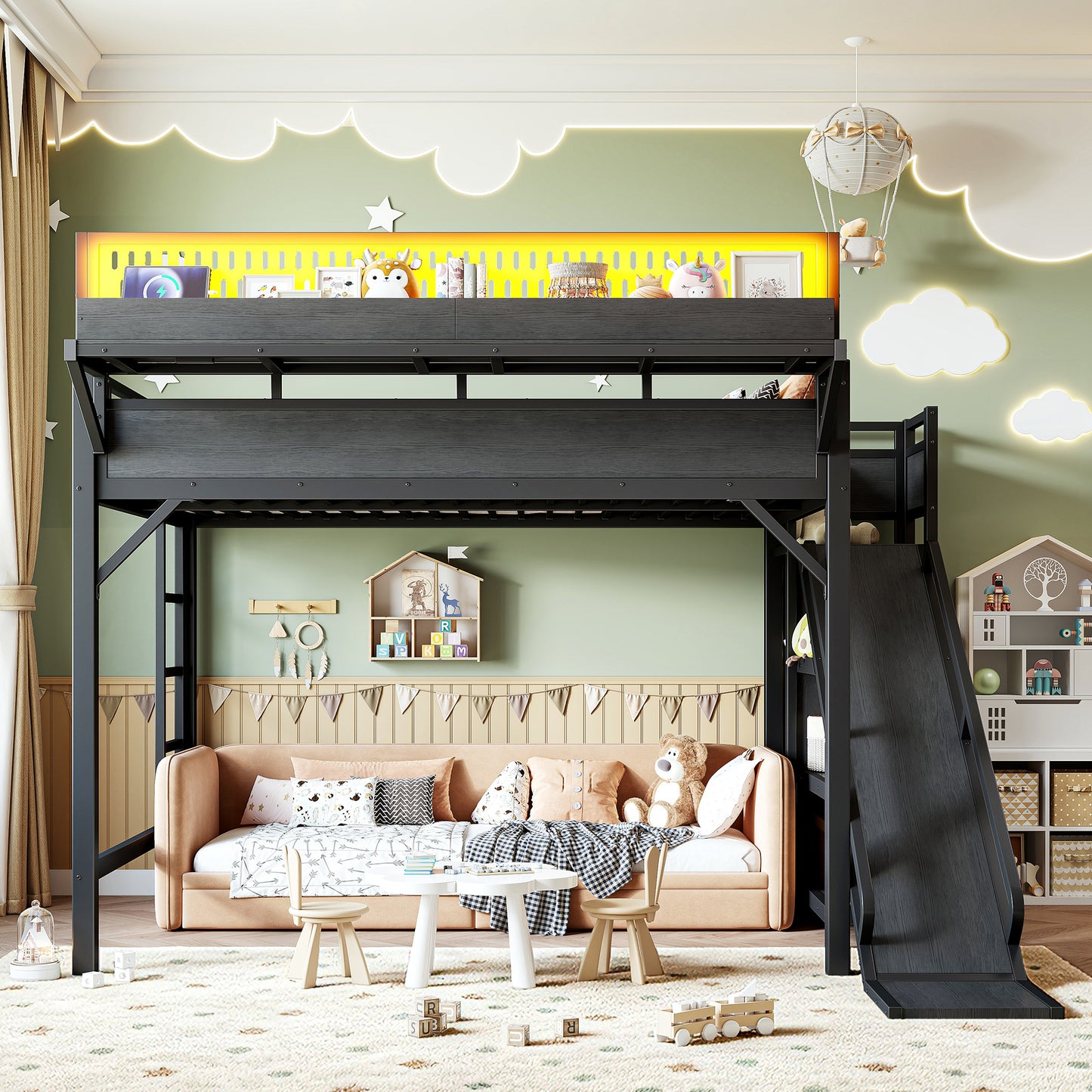 Queen Size Loft Bed with Slide, Storage Shelves and Built-in Wardrobe, Metal Loft Bed Frame with USB Ports and LED Lights, with Pegboard, Safety and Solid, Black image 3