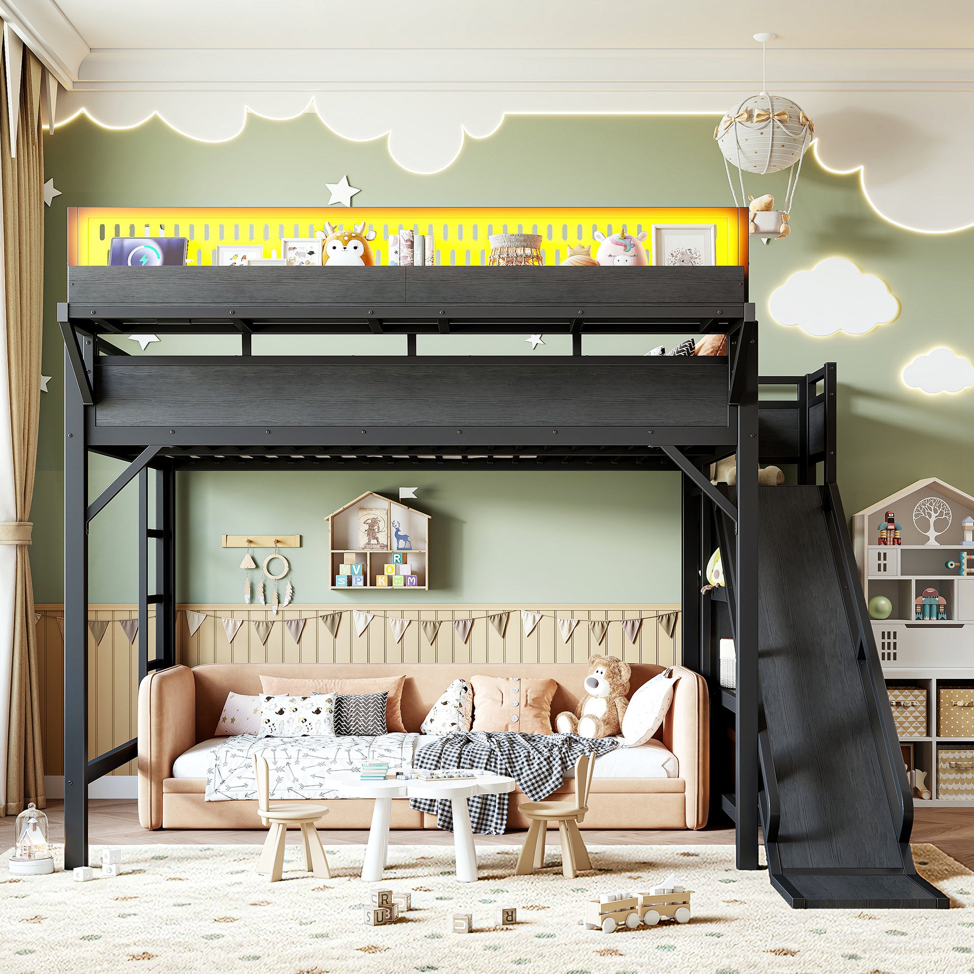 Queen Size Loft Bed with Slide, Storage Shelves and Built-in Wardrobe, Metal Loft Bed Frame with USB Ports and LED Lights, with Pegboard, Safety and Solid, Black image 3