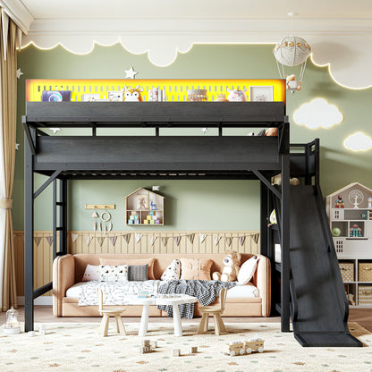 Queen Size Loft Bed with Slide, Storage Shelves and Built-in Wardrobe, Metal Loft Bed Frame with USB Ports and LED Lights, with Pegboard, Safety and Solid, Black image 3