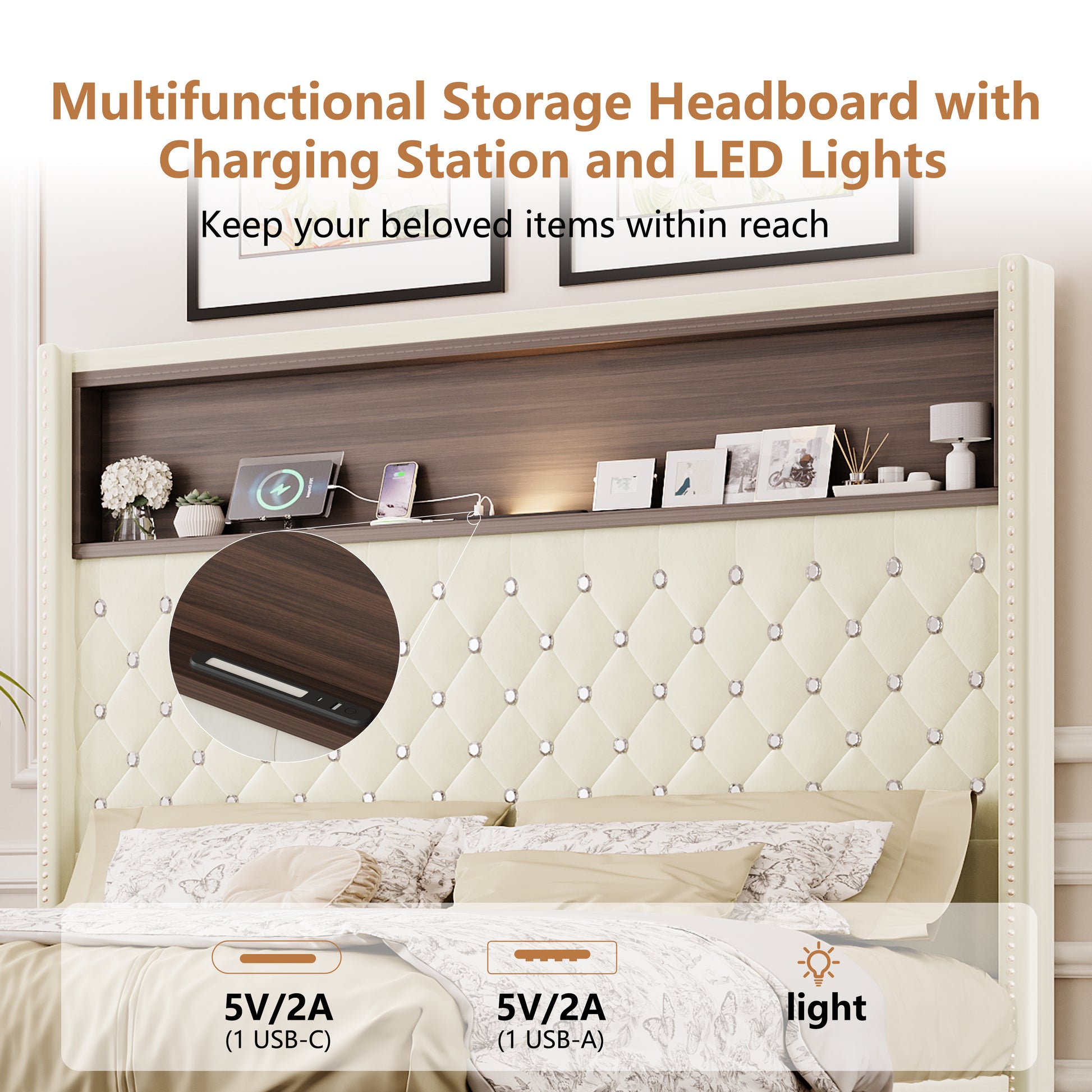 Full Size Velvet Tufted Soft Bed Frame with USB Port and Night Light,52''High Headboard with Rivet Decoration,Wing-back Platform Bed with Headboard Shelf,Beige image 4