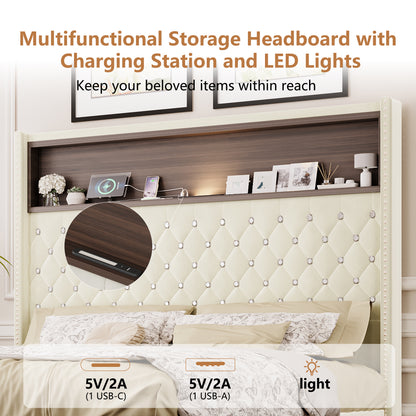 Full Size Velvet Tufted Soft Bed Frame with USB Port and Night Light,52''High Headboard with Rivet Decoration,Wing-back Platform Bed with Headboard Shelf,Beige image 4
