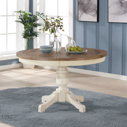 Prato Round Antique White and Distressed Oak Two-tone Finish Wood Dining Table image 2