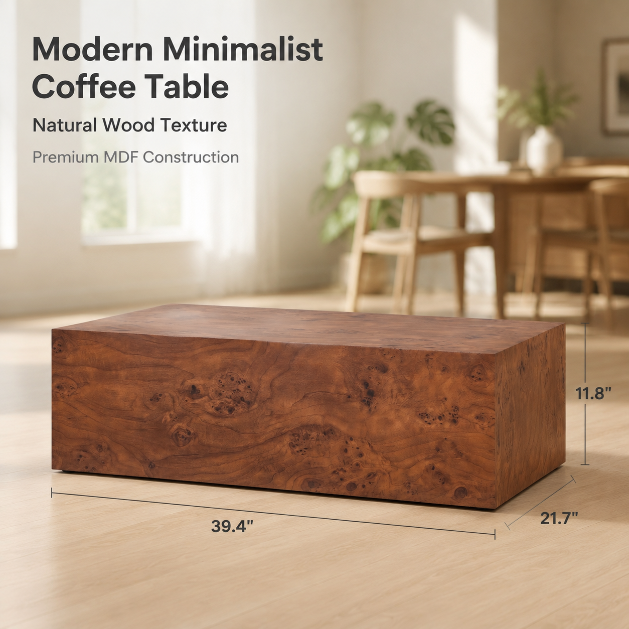 Premium Burl Walnut Veneer MDF Cube Table, Height Adjustable Multi-purpose Coffee Side End Table for Living Room, 39.4"×21.7"×11.8", No Extra Items Included image 2
