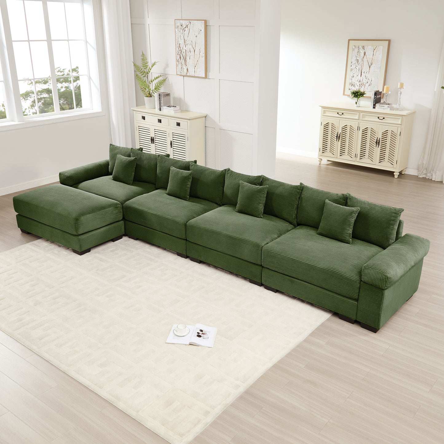 170"Oversized Cloud Modular L-Shape Sectional Couch,Soft Corduroy Fabric, With An Ottoman,Deep Seat Wide Armrests,Ergonomic Design,12 Throw Pillows, Easy Assembly,For Living Rooms Studies,Green image 1