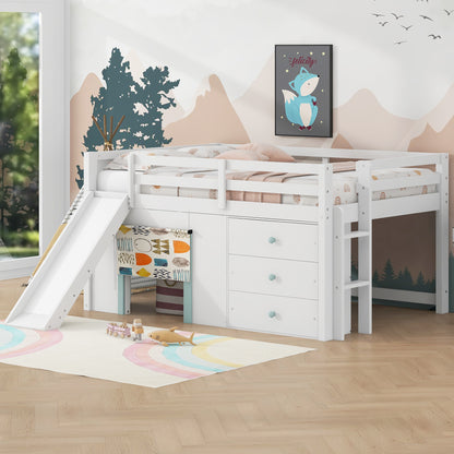 Full Size Low Loft Bed with Slide,Three Storage Drawers and Two Doors,White image 2