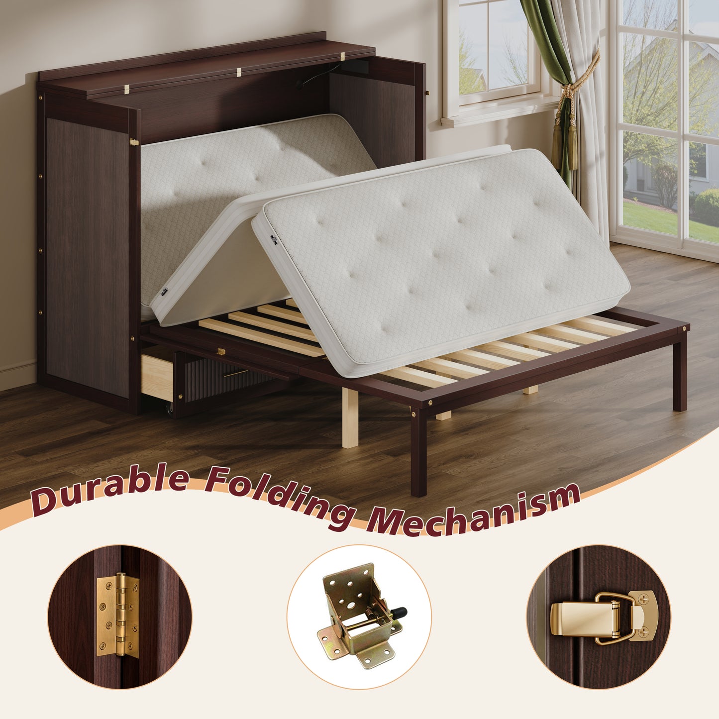 Multifunctional Murphy Bed Cabinet with USB Charging Station, Queen Size Vertical Foldaway Bed with Drawers, Space Saving Hidden Wall Bed with Safety Lock & Anti-Tip Device, Coffee. image 7