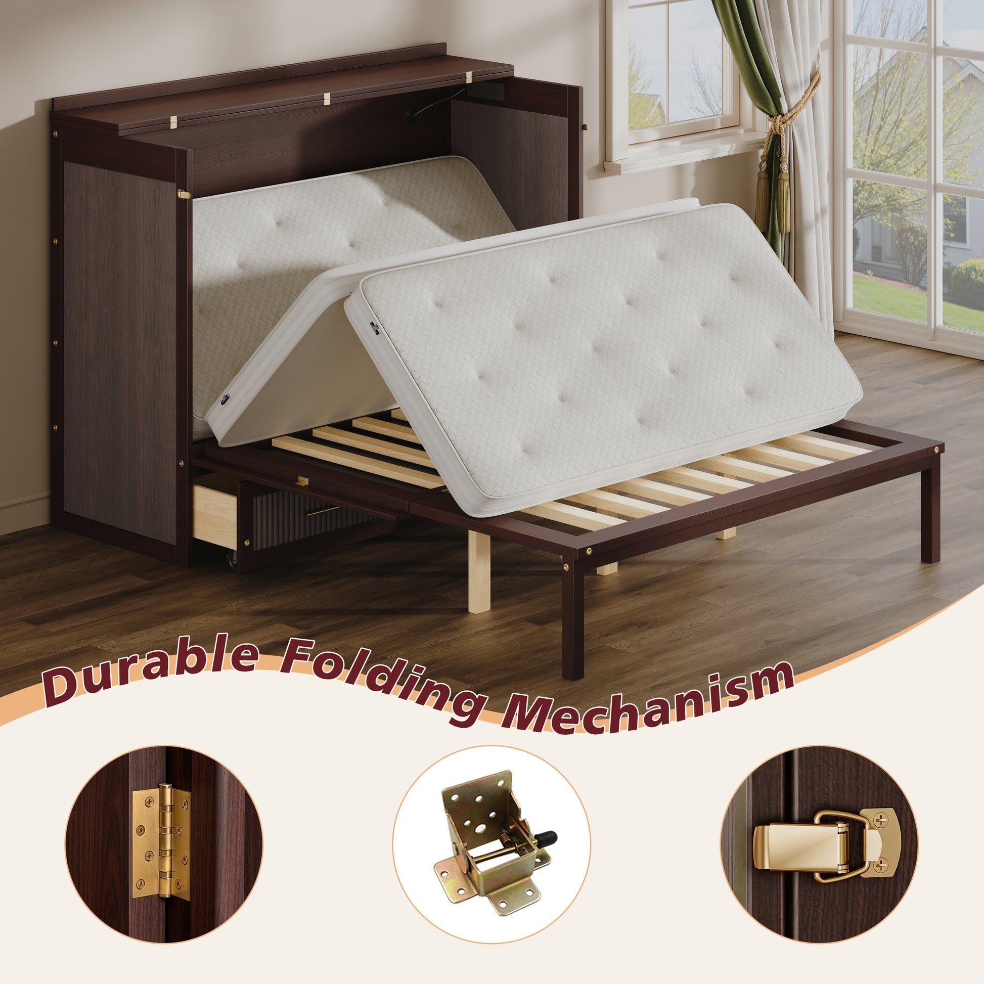 Multifunctional Murphy Bed Cabinet with USB Charging Station, Queen Size Vertical Foldaway Bed with Drawers, Space Saving Hidden Wall Bed with Safety Lock & Anti-Tip Device, Coffee. image 7