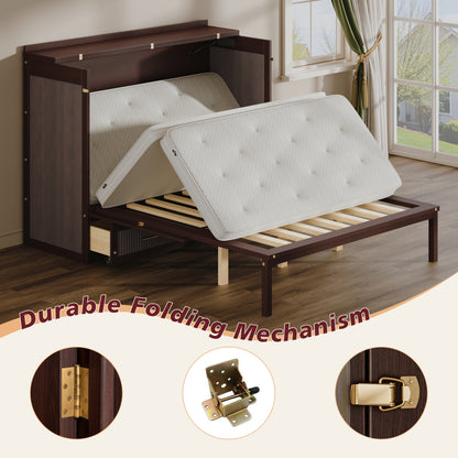 Multifunctional Murphy Bed Cabinet with USB Charging Station, Queen Size Vertical Foldaway Bed with Drawers, Space Saving Hidden Wall Bed with Safety Lock & Anti-Tip Device, Coffee. image 7