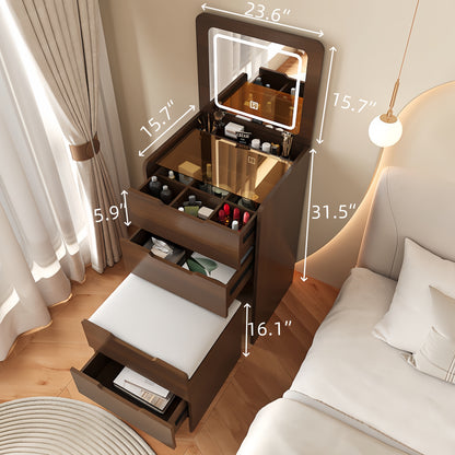 (60cm) 3 in 1 Vanity Desk with Plip Top Mirror, Small Make Up Vanity Set with Visible Glass Desktop, Compact Makeup Vanity with 3 Drawers, Dressing Table for Bedroom (Walnut Color) image 7