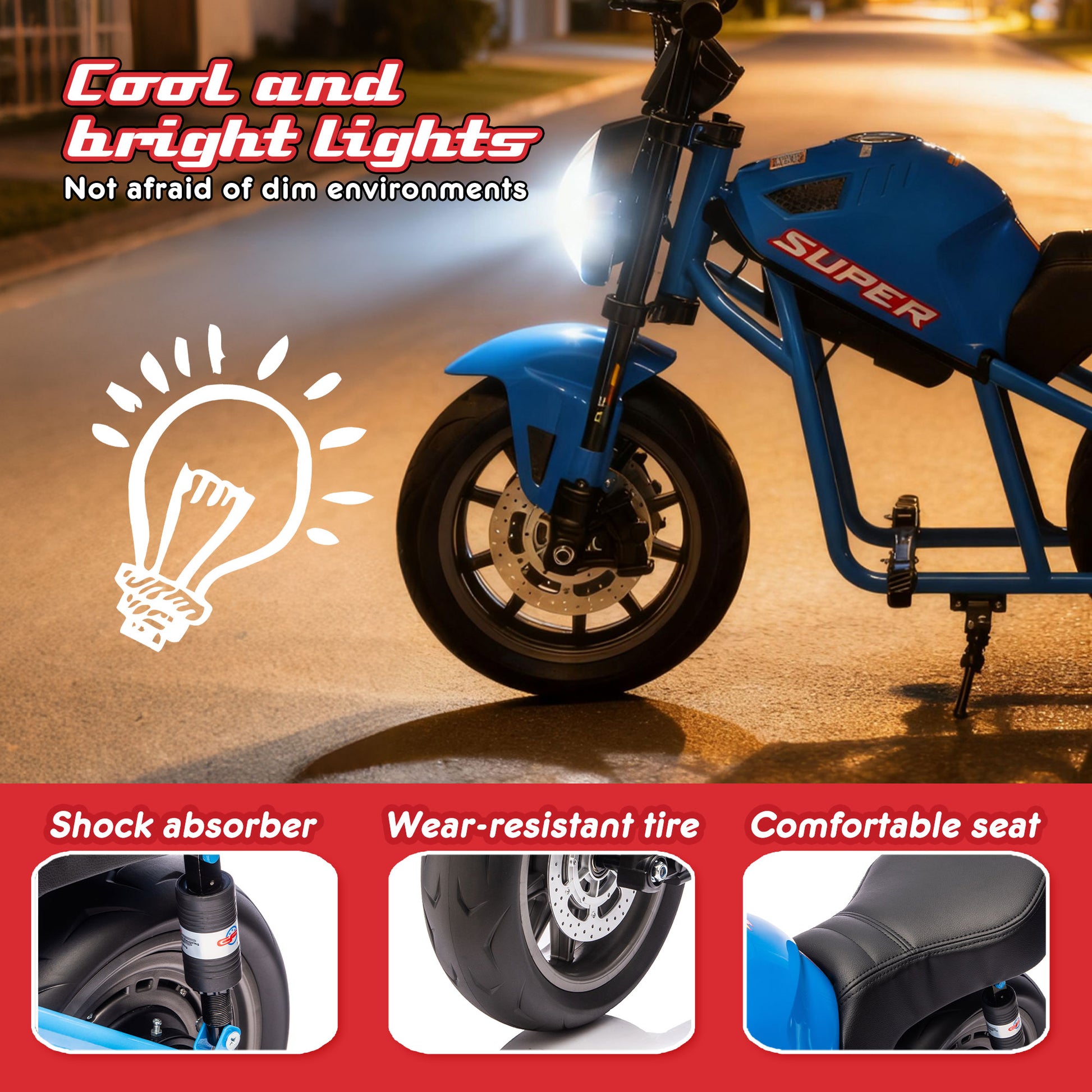 24V300W Kids Ride On XL Electric Toy Muscle Motorcycle,High-Speed Hub Motor,14''Fat EVA Wheels,Twist Grip Throttle,Speed up to 11.18MPH,Dual Suspension,Music&Light,Long Life Battery For Kids 6+ image 6