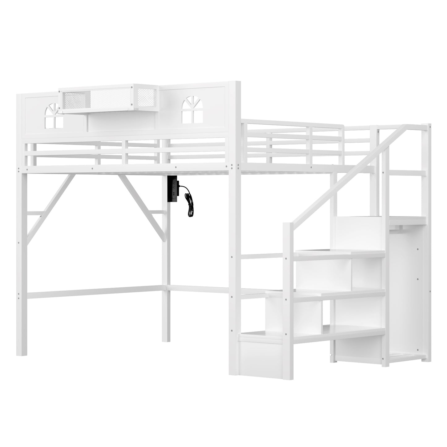 Queen Size Loft Bed with Stairs, Metal Queen Loft Bed with High and House Shaped Guardrails, High Loft Bed with Wardrobe for Kids Teens, White (Old SKU W2593S00038 Expect Arrival Date2026/3/7) image 8