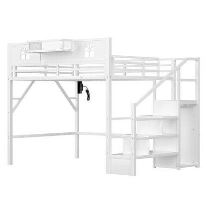 Queen Size Loft Bed with Stairs, Metal Queen Loft Bed with High and House Shaped Guardrails, High Loft Bed with Wardrobe for Kids Teens, White (Old SKU W2593S00038 Expect Arrival Date2026/3/7) image 8
