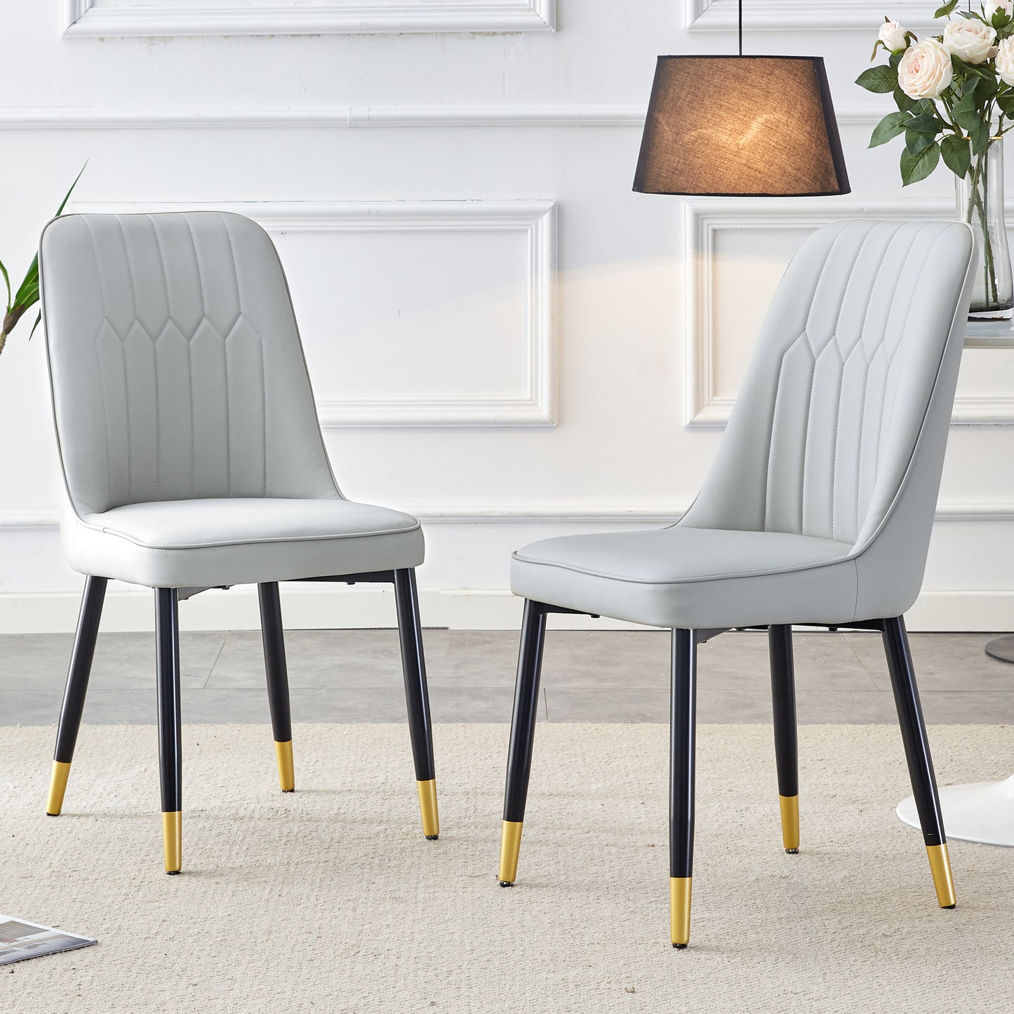Light gray dining chairs and living room chairs. PU material and metal legs, suitable for kitchen, living room, and dining room, 2 piece set (light gray+PU)C-007 image 1