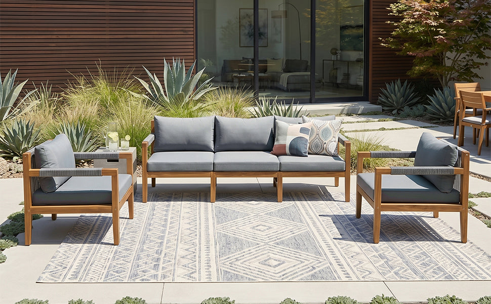 3 Pieces Outdoor Sectional Sofa Set, Rope Woven Patio Conversation Set with Solid Acacia Wood Frame, Water-Resistant Removable Cushions for Backyard, Deck and Poolside, Grey image 4