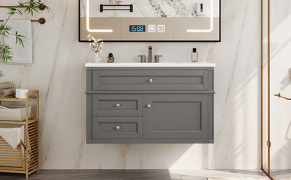 36'' Wall Mounted Bathroom Vanity, Floating Bathroom Storage Cabinet with 2 Drawers, 1 Tip-out Drawer, 3 Holes Single Ceramic Sink, Modern Cabinet. image 12