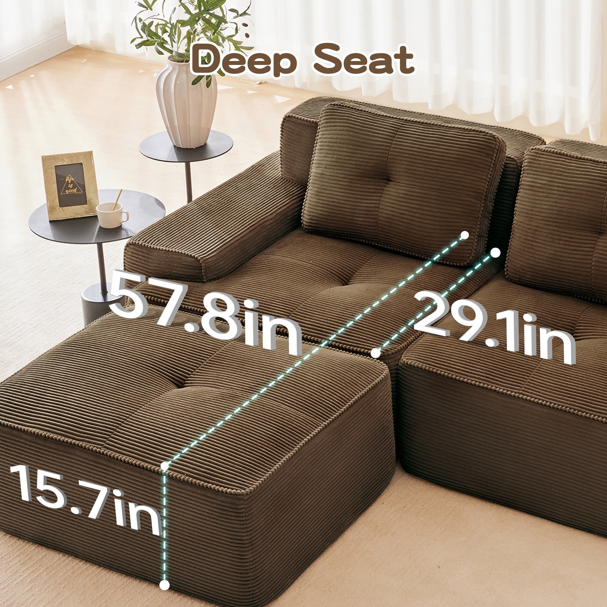 82" Modern L-Shaped Modular Sectional Sofa for Living Room, Corduroy Fabric, 2-Seater Couch with Deep Seat, Pearl-like piping, Tufted Design, No Assembly, Anti-slip Design​, Brown image 4
