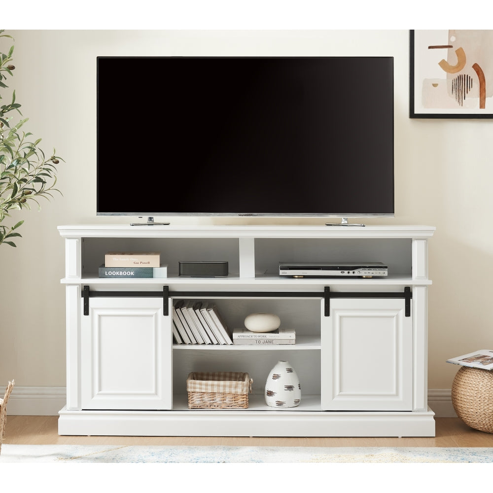 Media Console Table with Storage Cabinet, Mid Century style Entertainment TV Table, Multipurpose Sliding Door TV Cabinet  Large Storage Space, 58.11"W*15.79"D*32.36"H Antique White