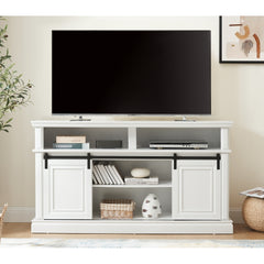Media Console Table with Storage Cabinet, Mid Century style Entertainment TV Table, Multipurpose Sliding Door TV Cabinet  Large Storage Space, 58.11"W*15.79"D*32.36"H Antique White