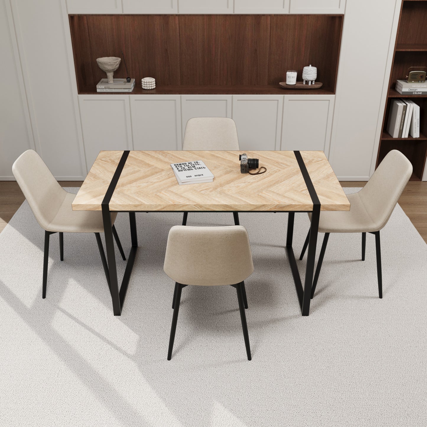 59" MDF light wood dining table and modern dining chair 4-piece set, medieval wooden kitchen dining table set, rectangular metal base, dining table and suede chair image 2