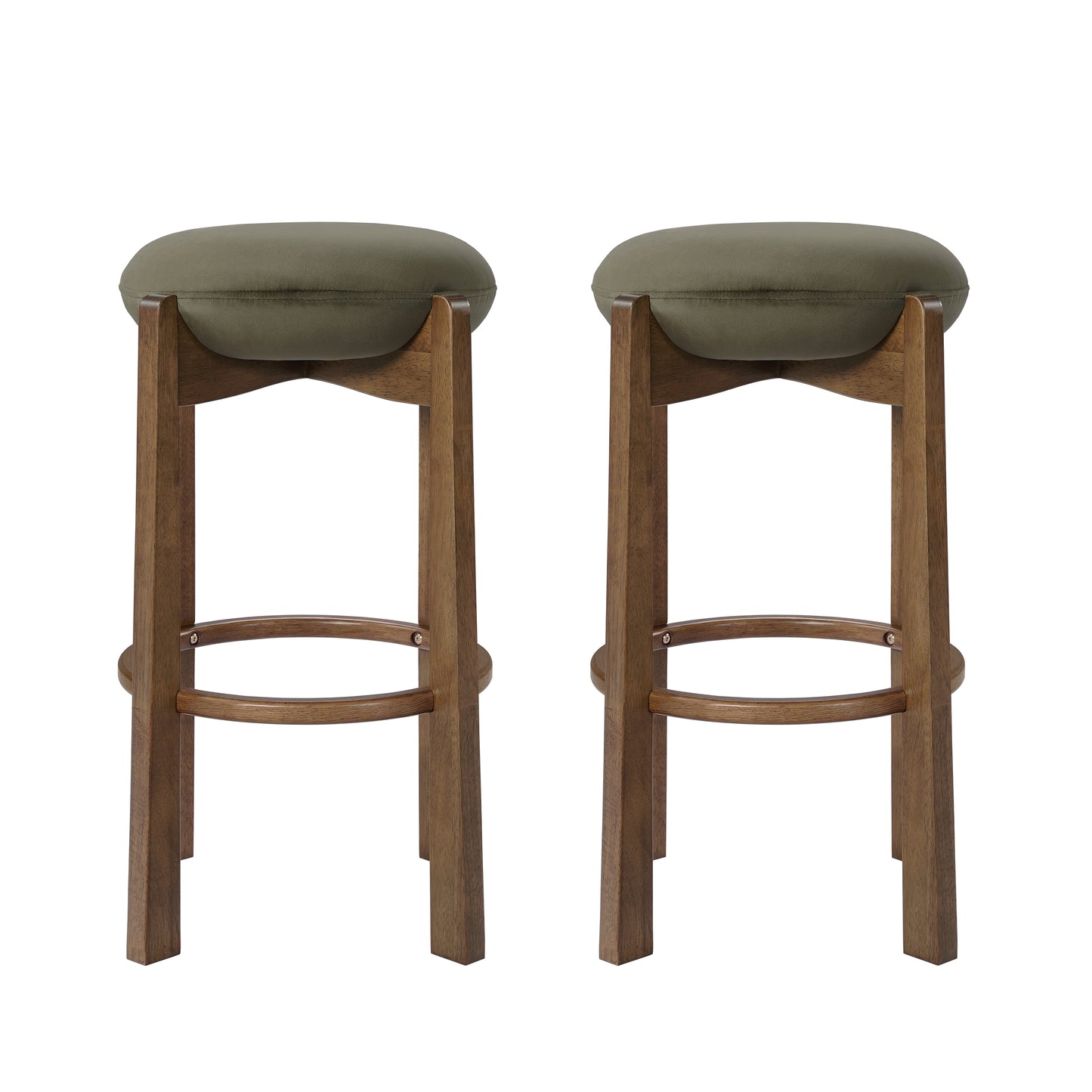 Tara Contemporary Backless Bar Stool, Dark Walnut Finish Rubber Wood Frame with Green Upholstery, Set of 2 image 1