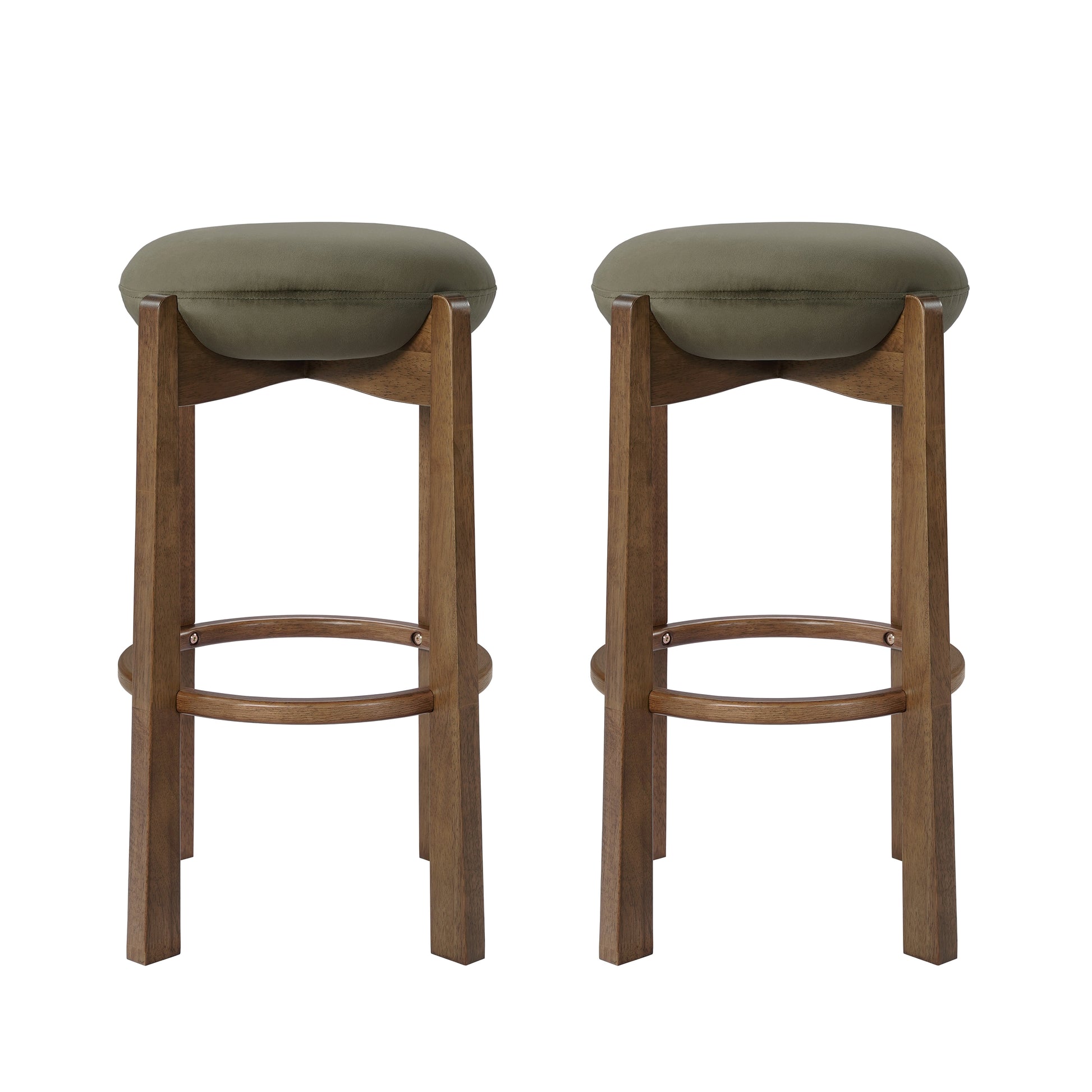 Tara Contemporary Backless Bar Stool, Dark Walnut Finish Rubber Wood Frame with Green Upholstery, Set of 2 image 1
