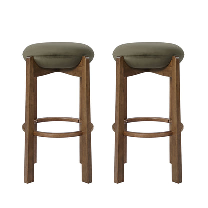 Tara Contemporary Backless Bar Stool, Dark Walnut Finish Rubber Wood Frame with Green Upholstery, Set of 2 image 1