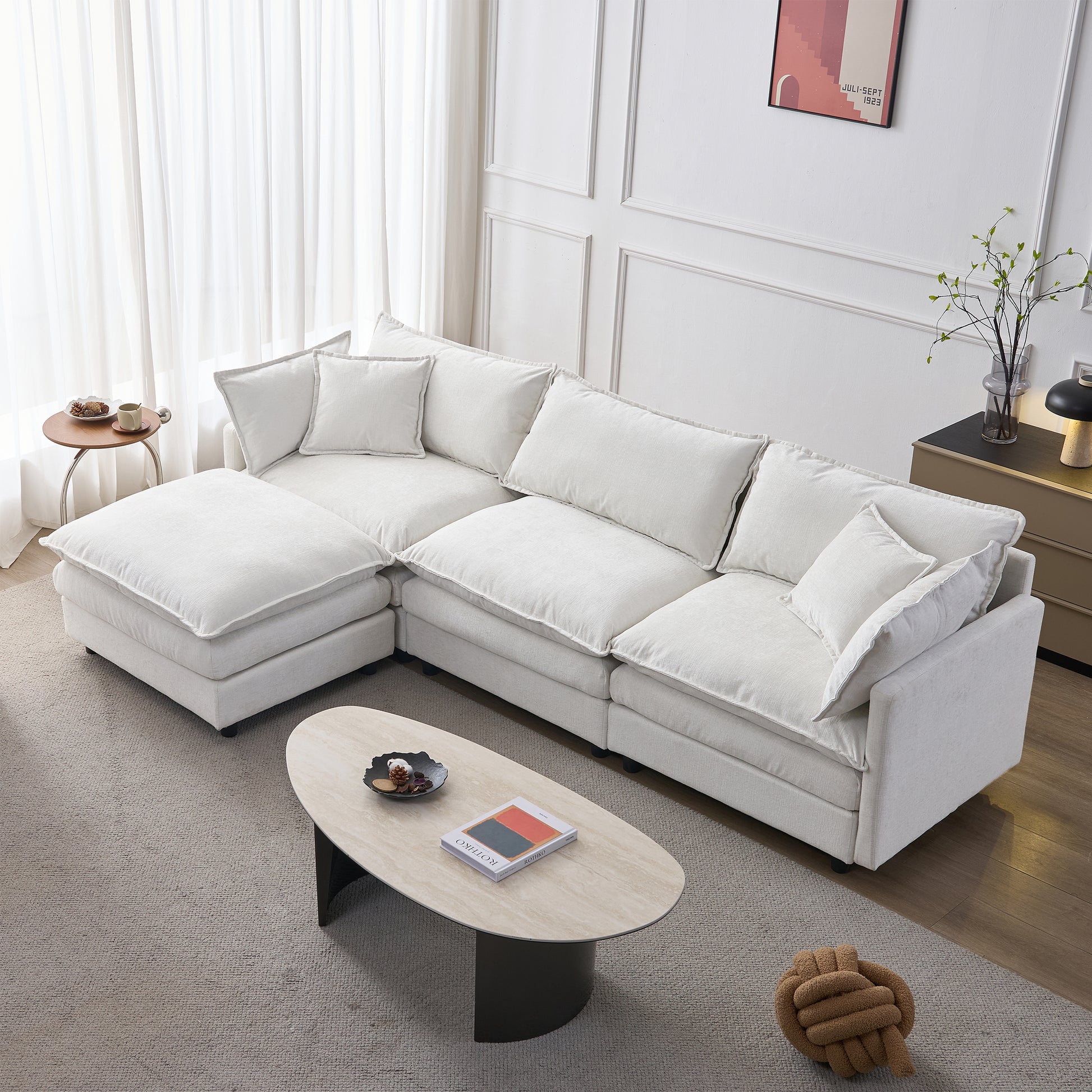105" Modular Sectional Couch,Upholstered Soft Chenille Fabric Sofa,3 Seater with Ottoman L Shape Sofa Beige image 1