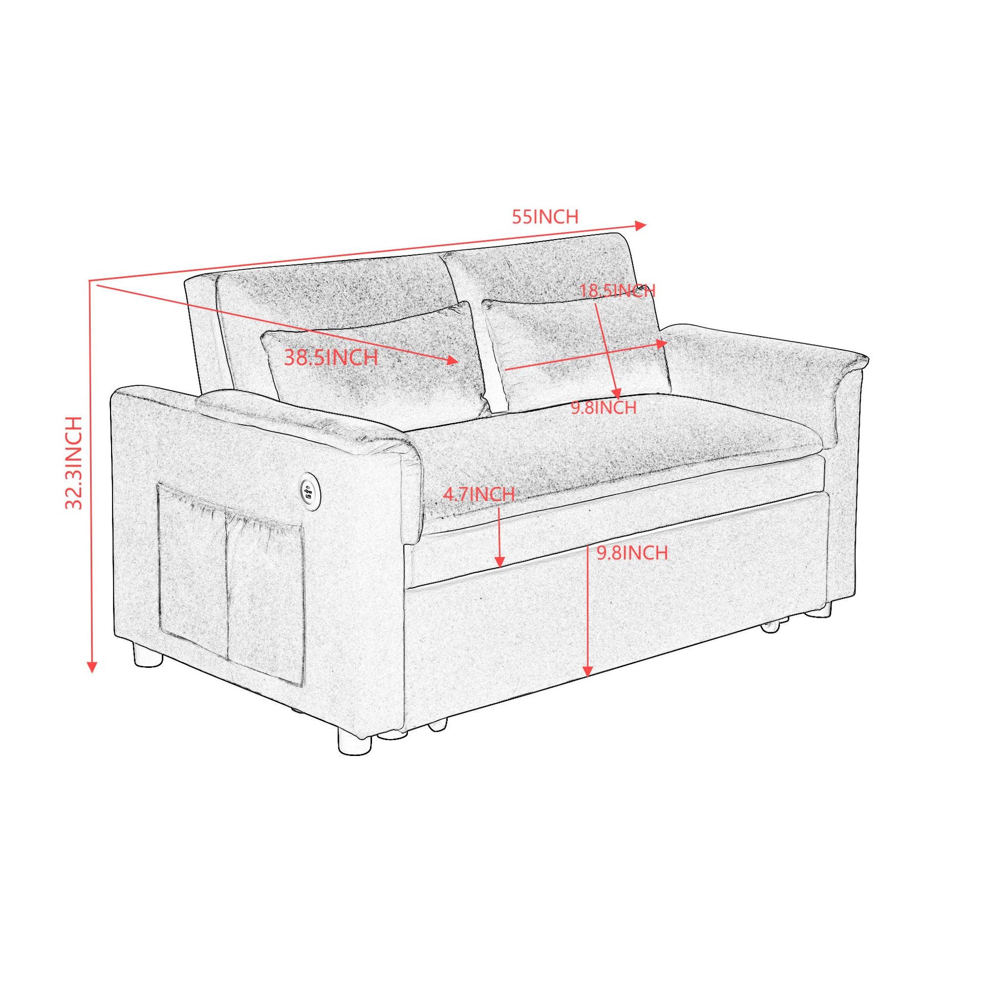 55" Velvet Two Seater Pull Out Sofa Bed, Adjustable Backrest With USB Ports, Two Side Pockets, 3 in 1 Convertible Sleeper Sofa Bed, Modern Love Seat Lounge,2 waist pillows for living rooms,BEIGE image 12
