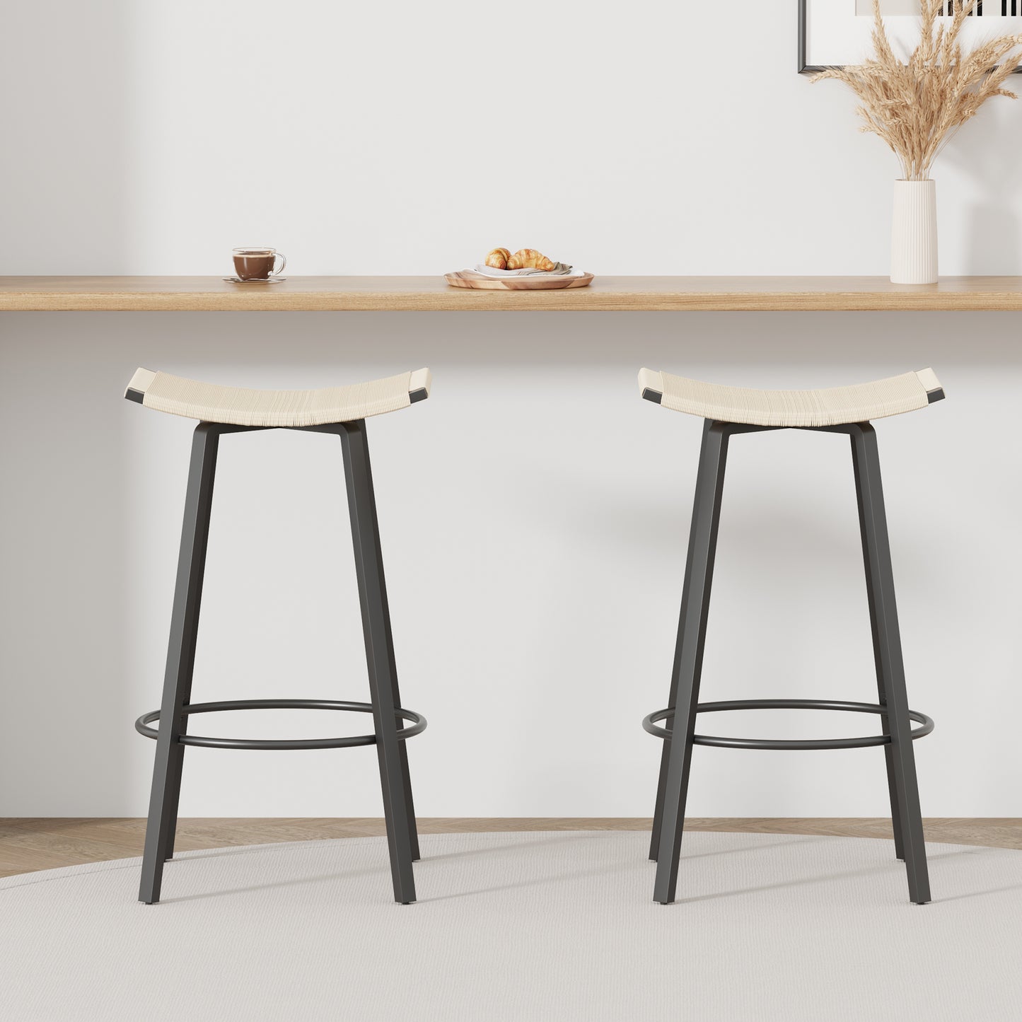 Counter Height Bar Stools Backless Handwoven Kitchen Dining Chairs with Round Footrest Set of 2 PVC Weaving Pub Stool for Indoor & Outdoor (Black & Creamy White) image 2