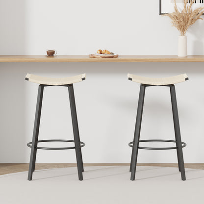 Counter Height Bar Stools Backless Handwoven Kitchen Dining Chairs with Round Footrest Set of 2 PVC Weaving Pub Stool for Indoor & Outdoor (Black & Creamy White) image 2